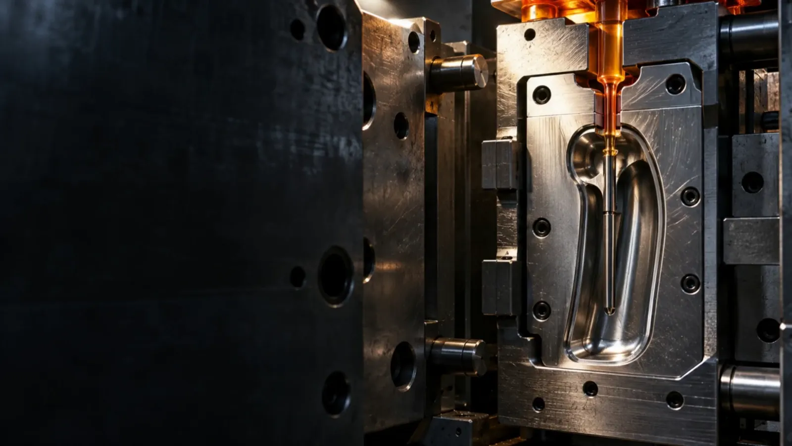 Illustrative polished steel molding cavity with amber plastic at the sprue